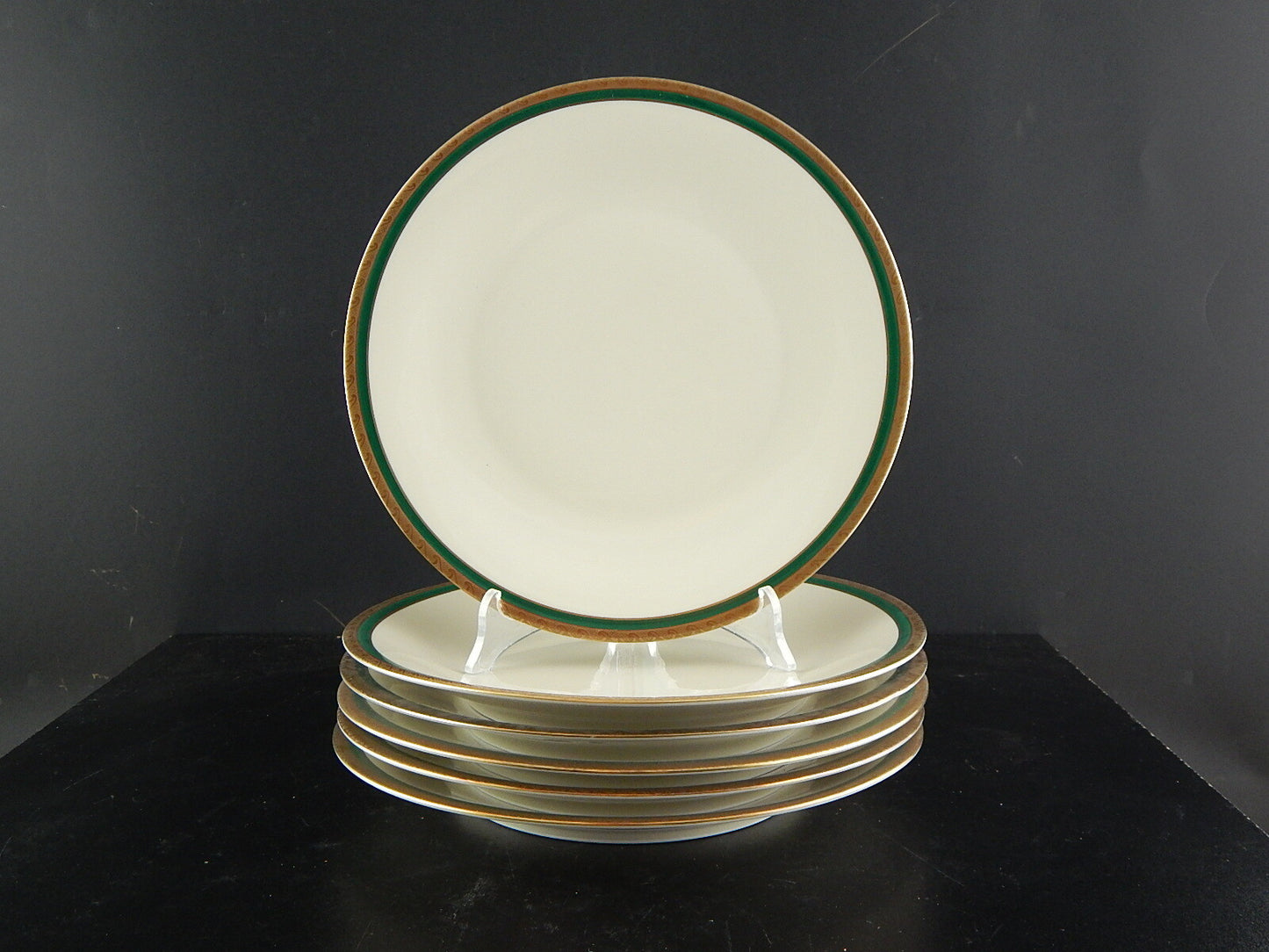 RETRO ELEGANTE SET 6 PIATTI PIANI IMPERO PORCELLANA BAVARIA AVORIO SMERALDO ORO