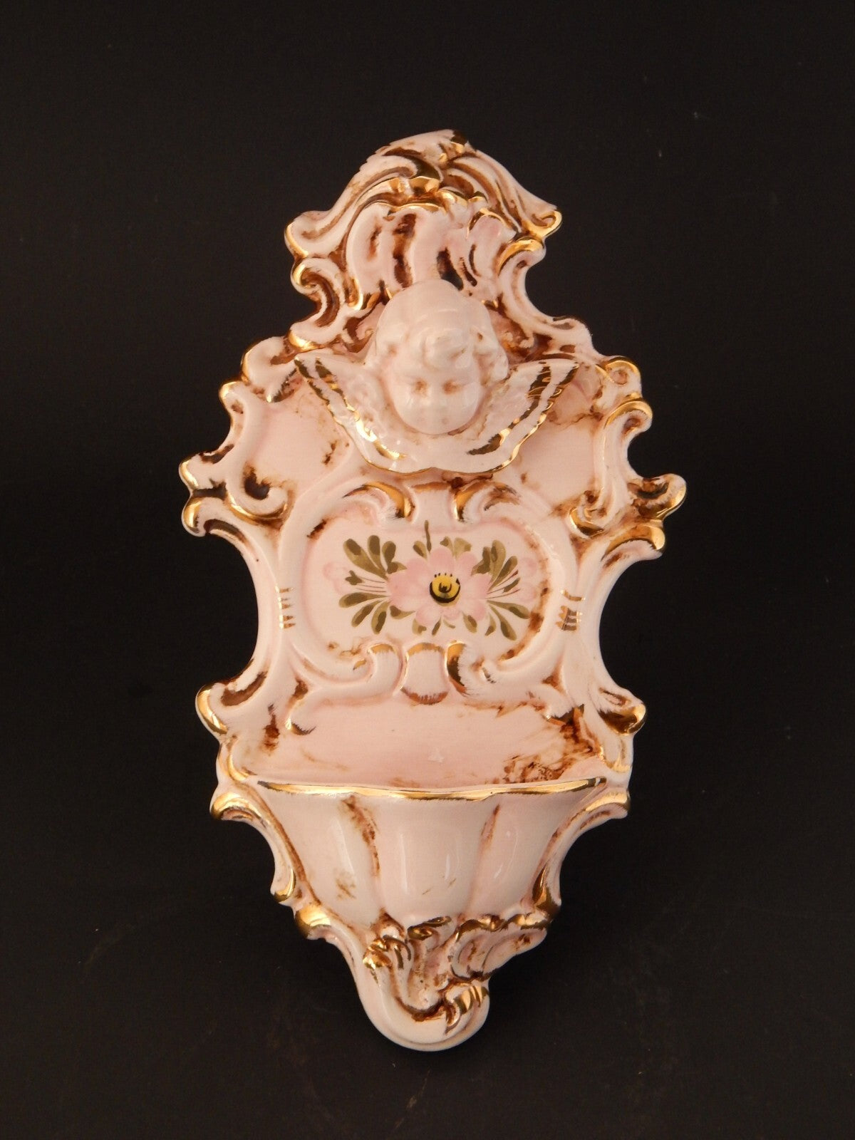 ARTE SACRA ANTICA RARA PREZIOSA ACQUASANTIERA CERAMICA MAIOLICA DI NOVE