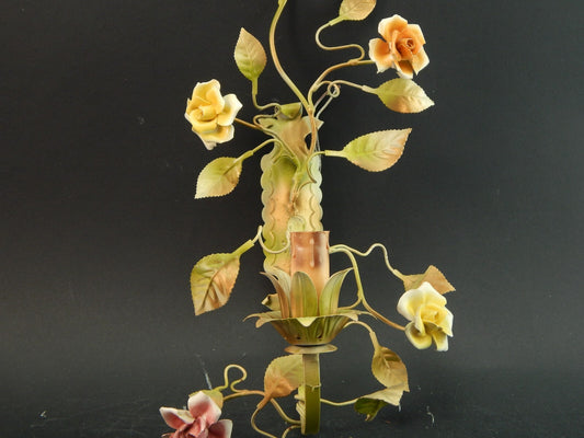 APPLIQUE 1 FUOCO ANTICA LIBERTY FERRO BATTUTO E ROSE CERAMICA POLICROME #1732