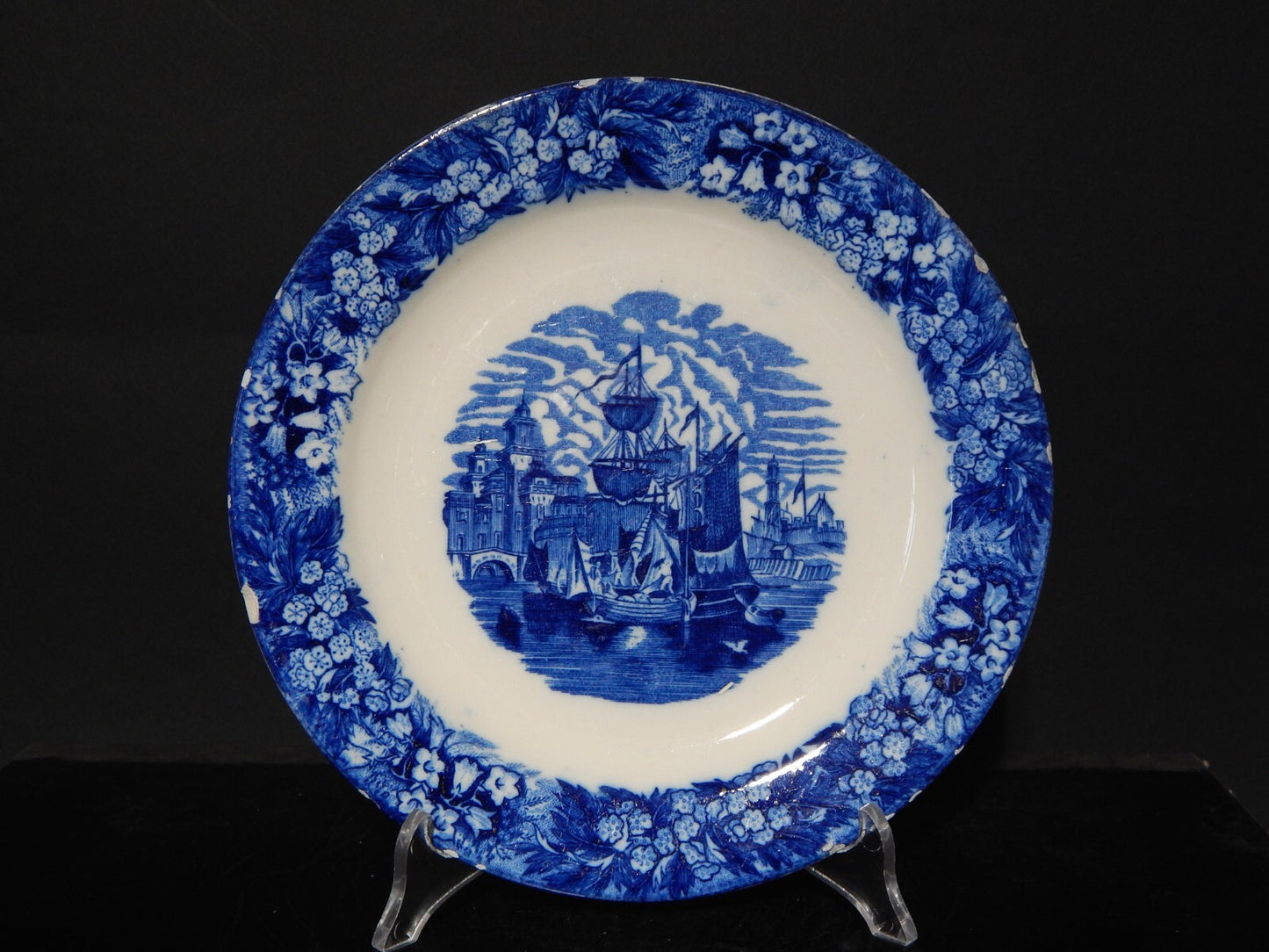 ANTICO RARO PIATTO PORCELLANA INGLESE "FERRARA" META' 1800 BIANCO BLU COLLEZIONE