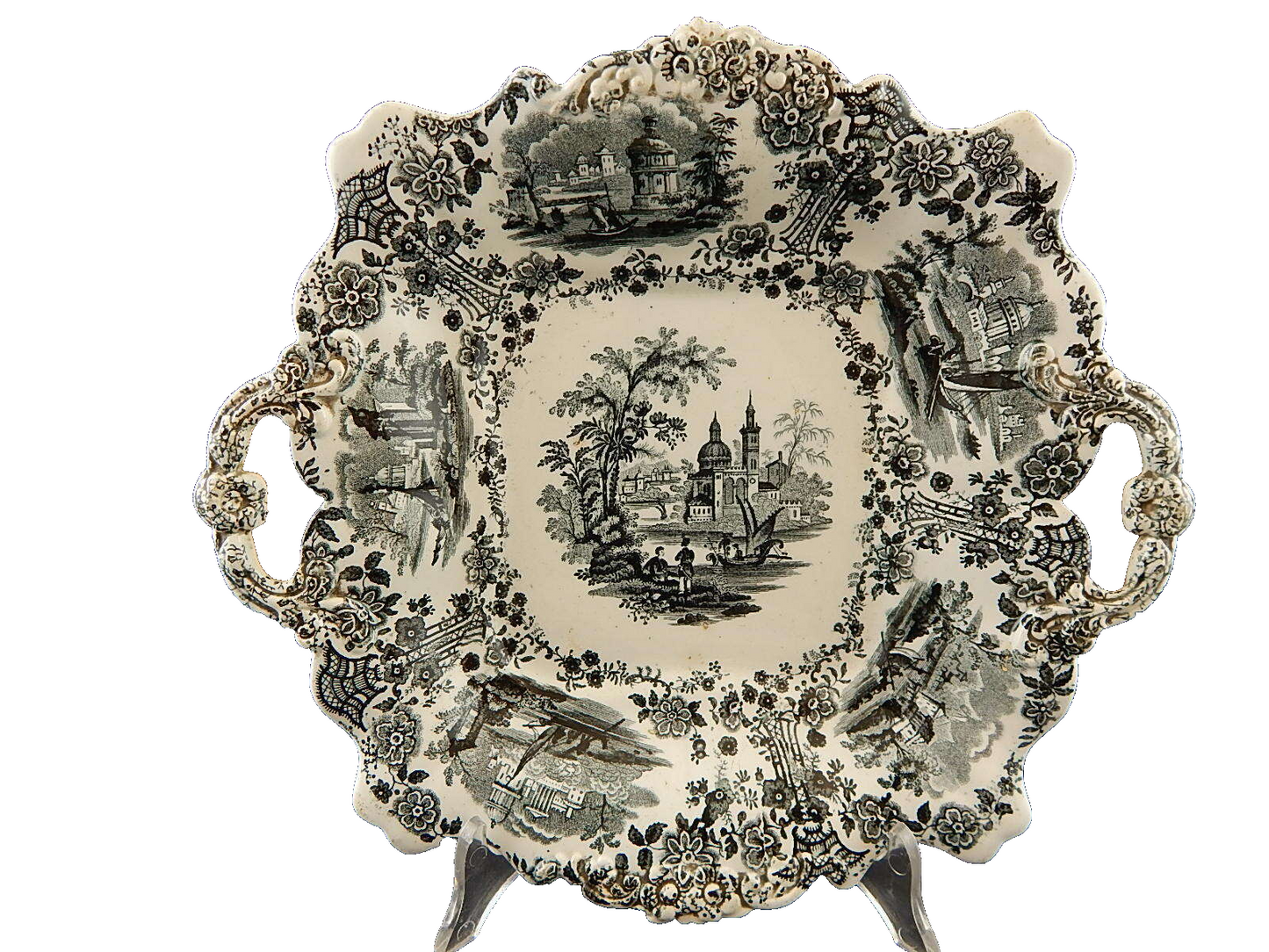 WILLIAM RIDGWAY MAR DI MARMARA 1830 ANTICO PREZIOSO VASSOIO CERAMICA CON MANICI