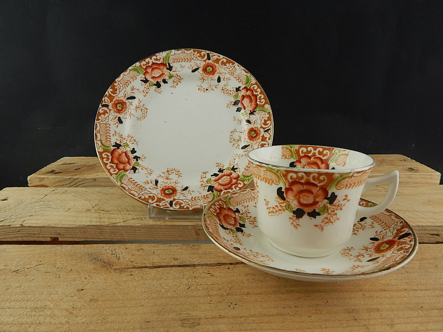 ANTICO PREZIOSO TRIO TAZZA TÈ 2 PIATTI PORCELLANA INGLESE EPOCA VITTORIANA #5919