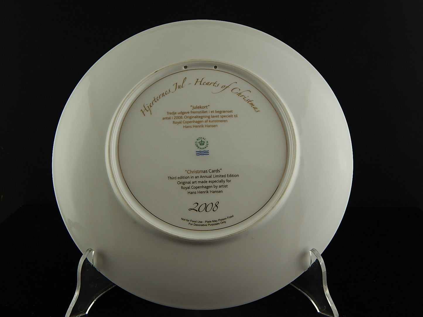 ROYAL COPENHAGEN PORCELLANA PIATTO CUORI NATALE 2008 COLLEZIONE HEARTS OF XMAS