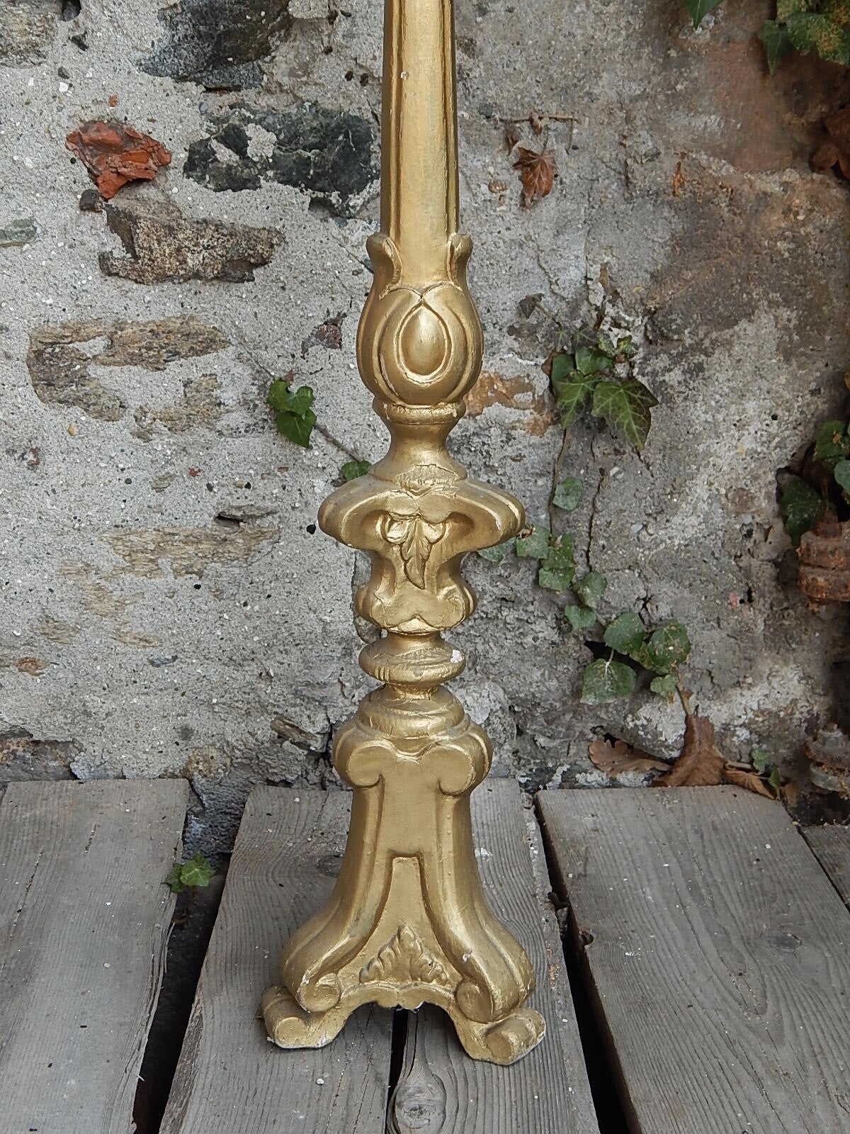 ANTICO ARTE SACRA CANDELABRO CANDELIERE TORCIERA LEGNO SCOLPITO DORATO XIX SEC
