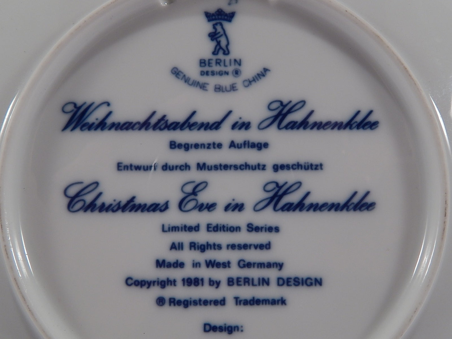 VINTAGE PIATTO PORCELLANA COLLEZIONE NATALE 1981 BERLIN DESIGN CHRISTMAS PLATE