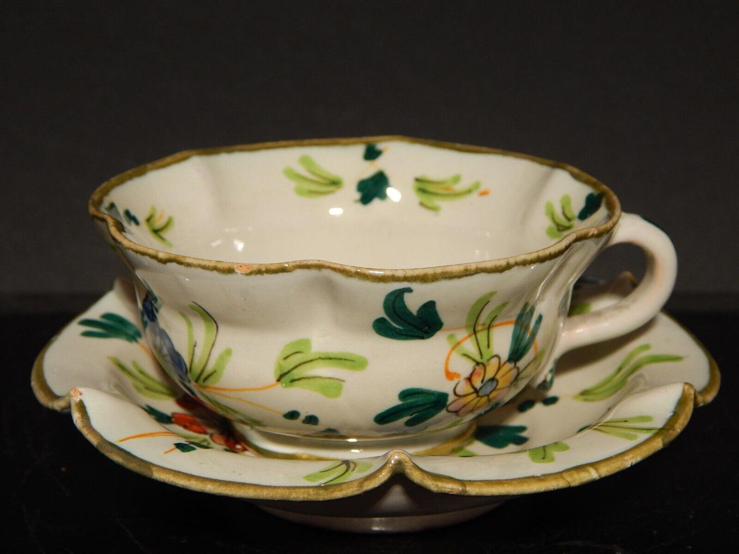 ANTICA RARA TAZZA E PIATTINO IN MAIOLICA CERAMICA CANTAGALLI FIRENZE ITALY #1347