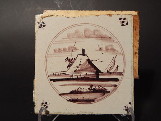 ANTICA PIASTRELLA MATTONELLA CERAMICA DELFT DEL 1700 DECORO AL MANGANESE (474)