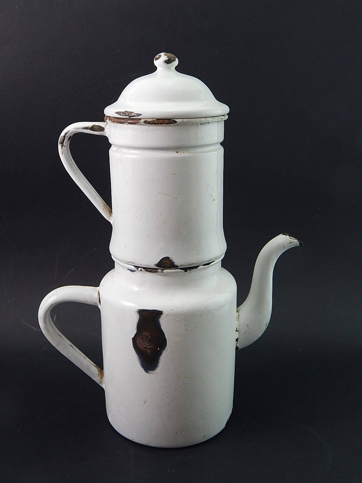 ANTICA CAFFETTIERA LATTA SMALTATA PORCELLANATA BIANCA DUE LEONI BASSANO