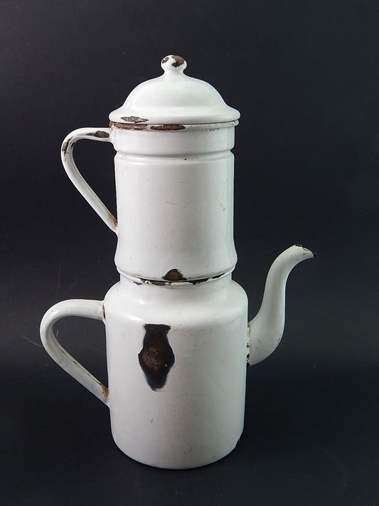 ANTICA CAFFETTIERA LATTA SMALTATA PORCELLANATA BIANCA DUE LEONI BASSANO