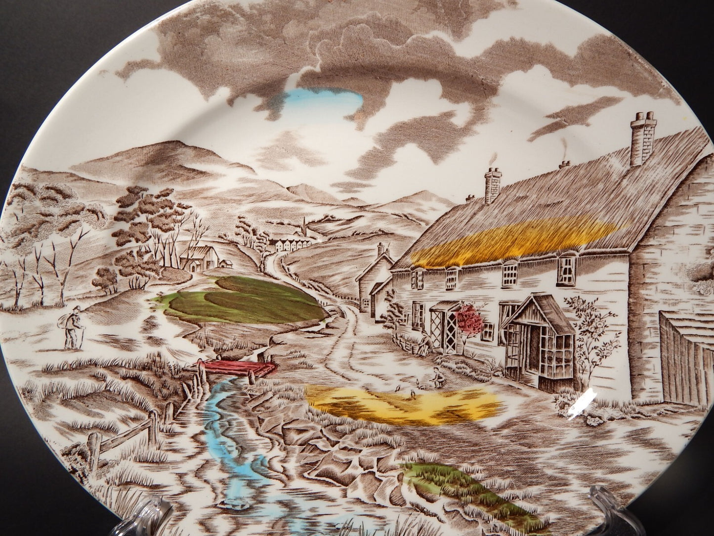 VINTAGE RARO VASSOIO PIATTO OVALE CERAMICA W. H. GRINDLEY STAMPA MANO QUIET DAY