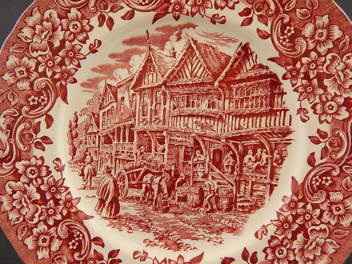 CERAMICA VINTAGE PIATTO ROYAL TUDOR STAMPATO A MANO DA MELLOR BIANCO-ROSSO