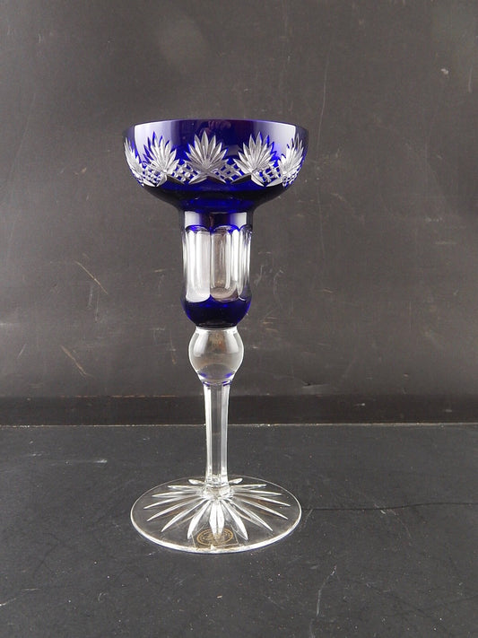 VINTAGE PREZIOSO PORTA CANDELA CRISTALLO ART DECO BOEMIA MOLATO BLU COBALTO