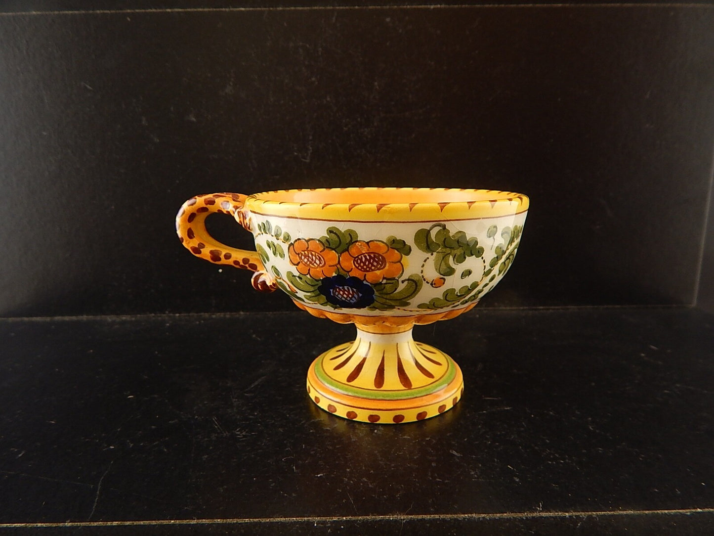 ANTICA TAZZA MAIOLICA CERAMICA POLICROMA FANTECHI ANSA A SERPE PRIMO 900 #8909