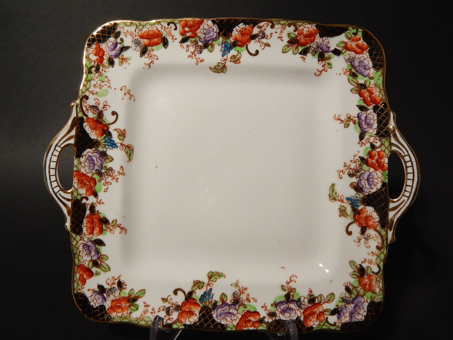 ANTICO VASSOIO TORTA CON MANICI PORCELLANA INGLESE DELPHINE CROWN CHINA FINE 800