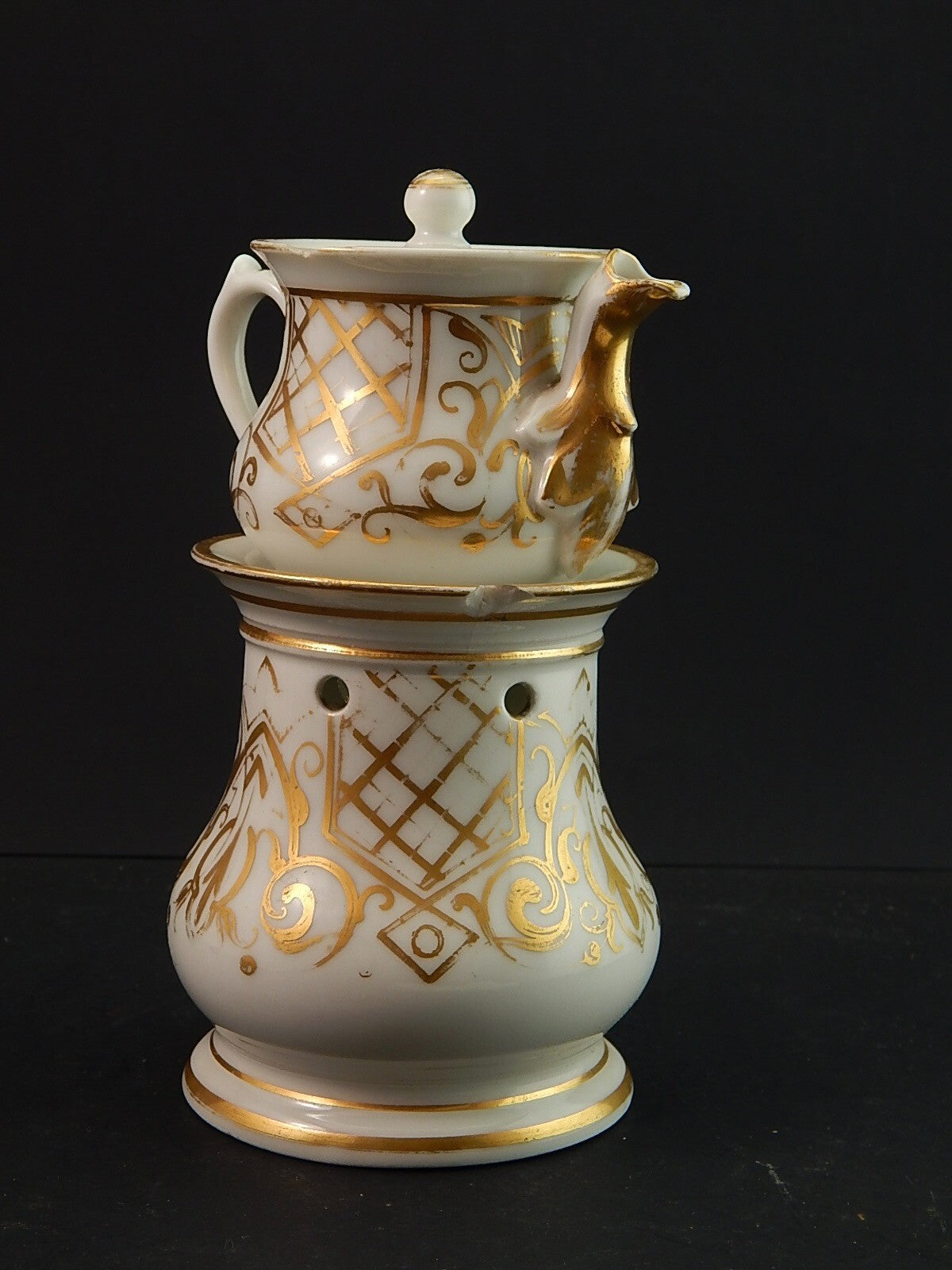 RARA ANTICA VEILLEUSE TEIERA E SCALDINO IMPERO NAPOLEONE III PORCELLANA PARIGI