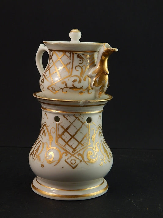 RARA ANTICA VEILLEUSE TEIERA E SCALDINO IMPERO NAPOLEONE III PORCELLANA PARIGI