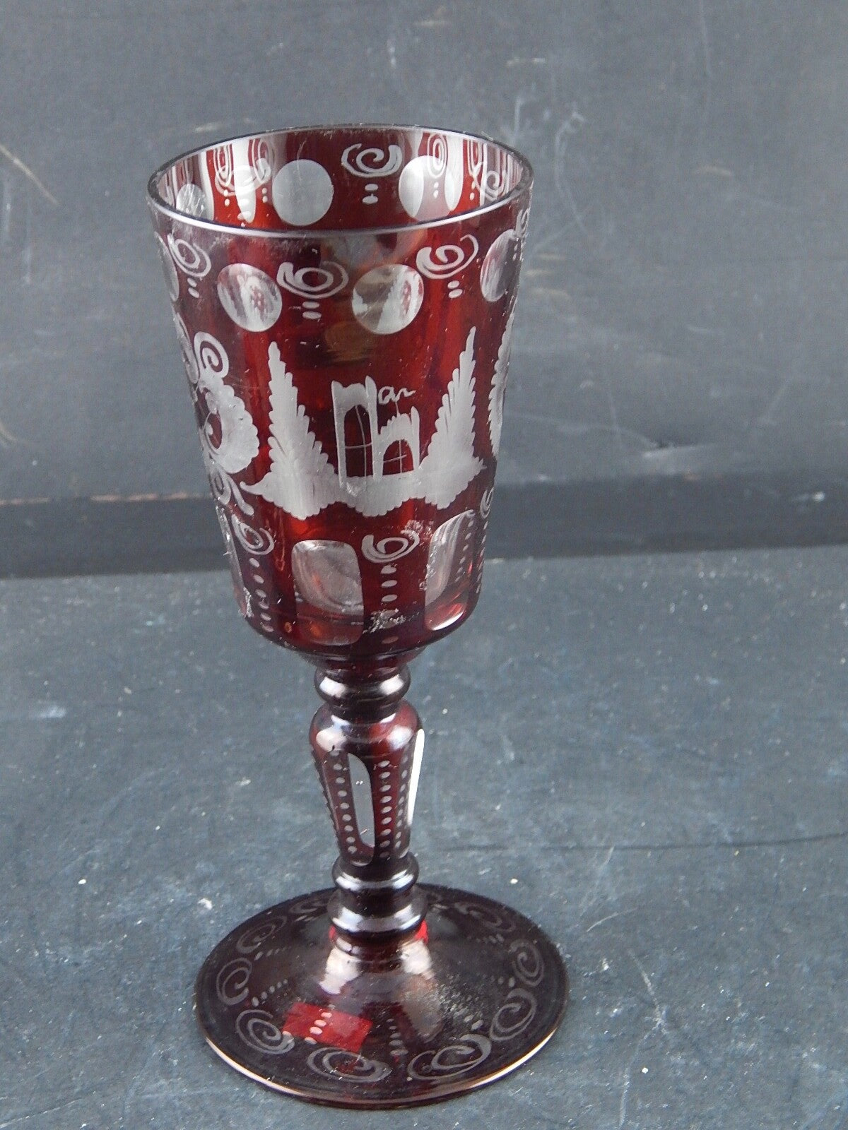 ANTICA PREZIOSA URNA VASO CRISTALLO DI BOEMIA RUBINO INCISO BIEDERMEIER