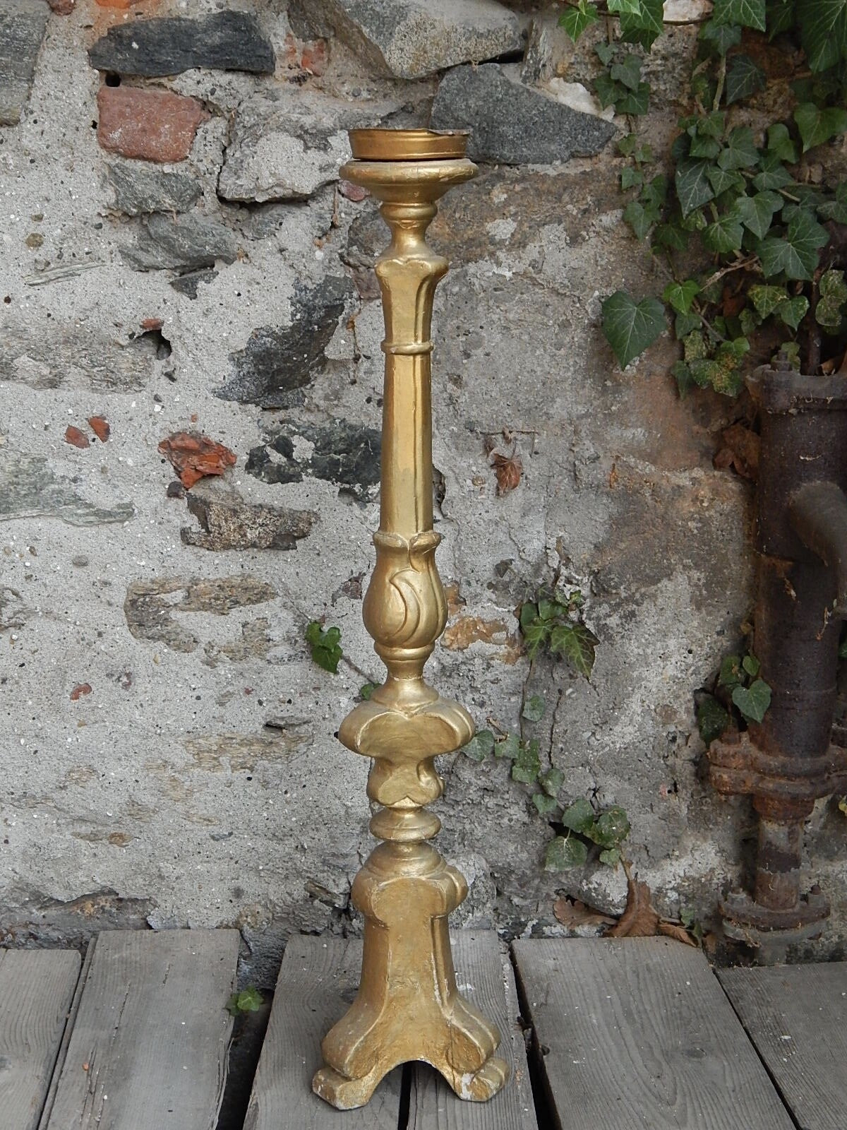 ANTICO ARTE SACRA CANDELABRO CANDELIERE TORCIERA LEGNO SCOLPITO DORATO XIX SEC.