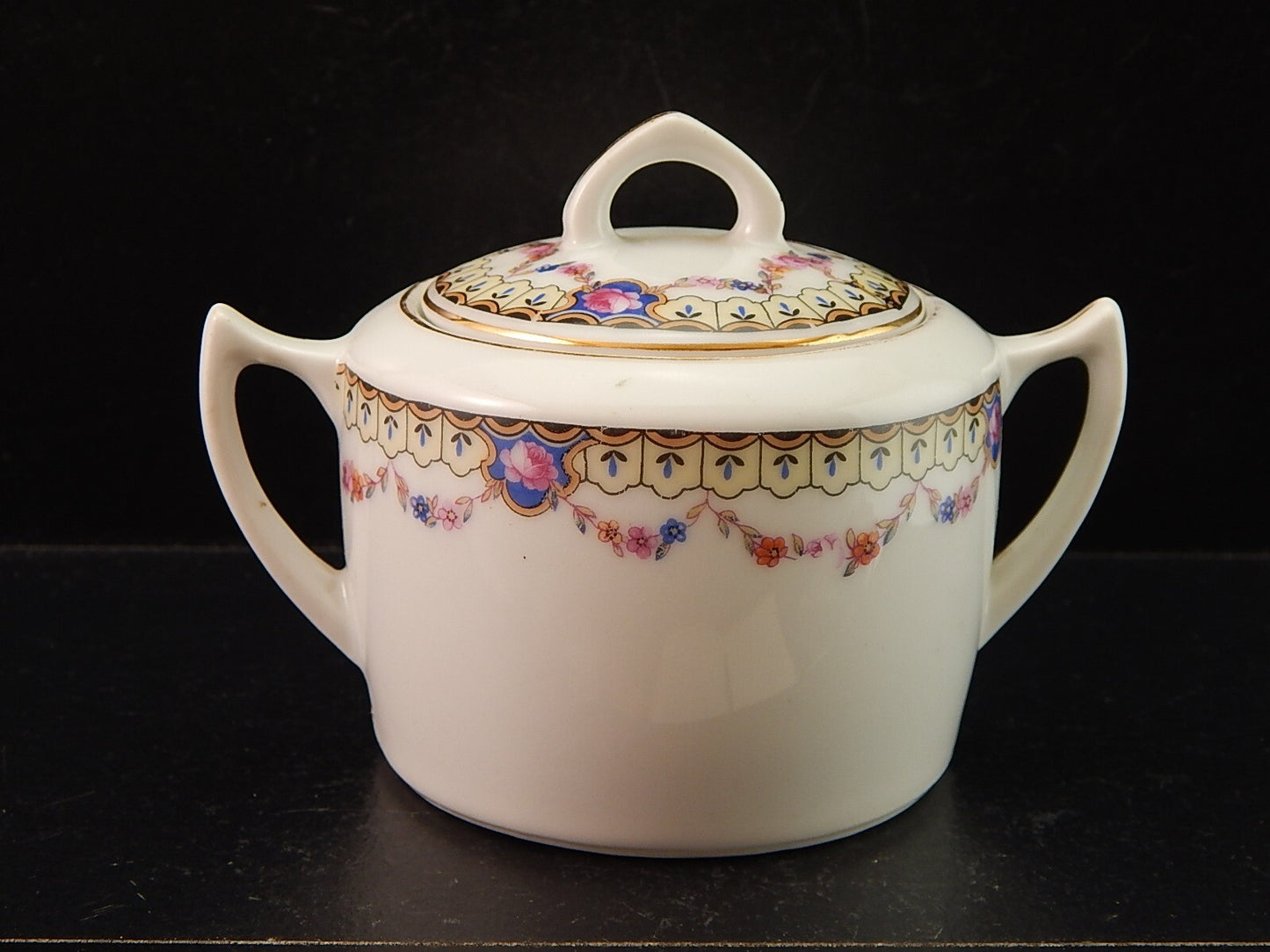 ANTICA ART DECO ZUCCHERIERA PORCELLANA BOEMA DECORO A GHIRLANDA DIFETTO