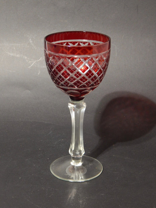 PREZIOSO ANTICO BICCHIERE CALICE CRISTALLO PESANTE BOEMIA MOLATO ROSSO RUBINO