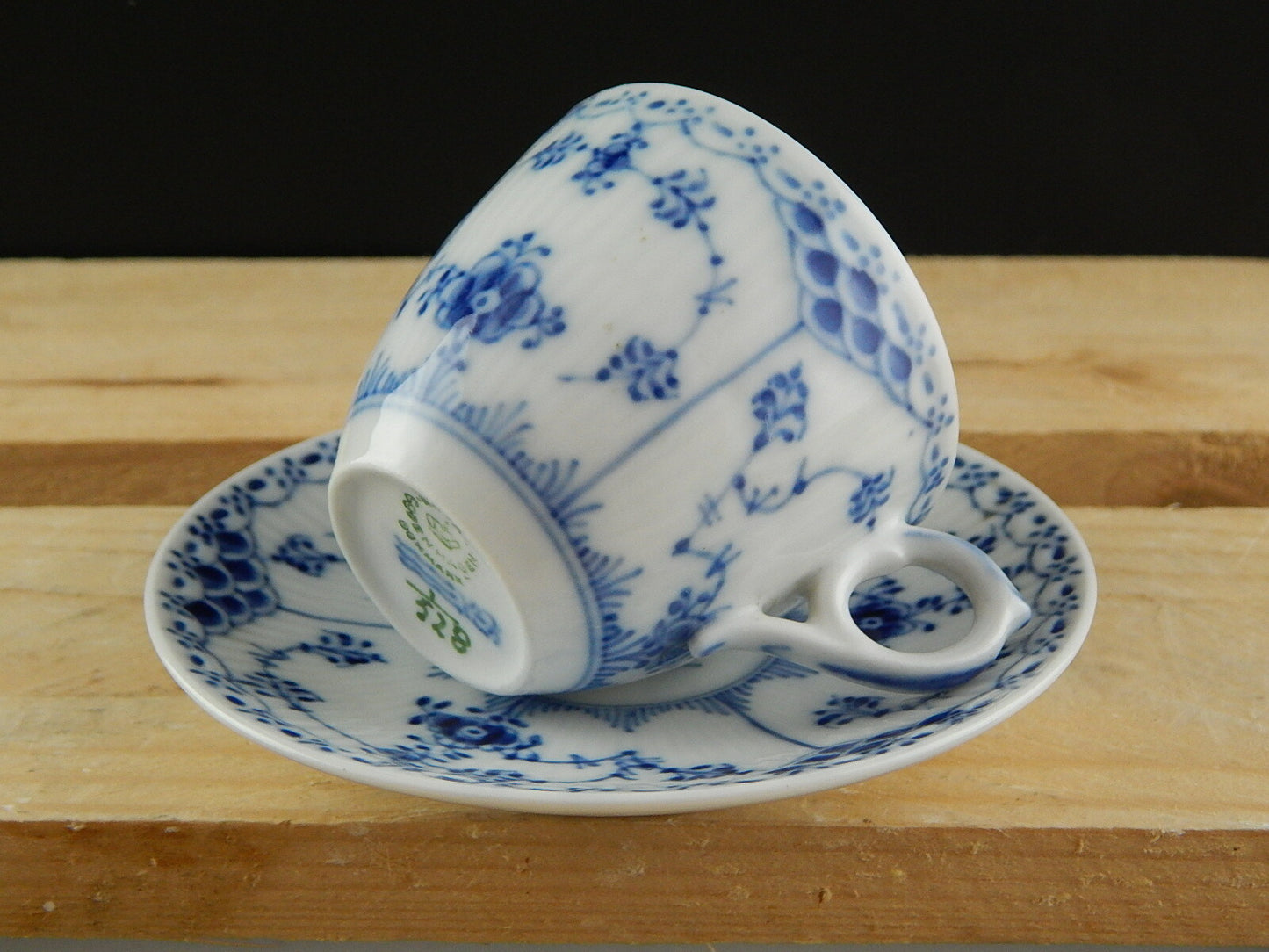ROYAL COPENHAGEN PORCELLANA BLUE FLUTED HALF LACE COFFEE CUP & SAUCER TAZZINA