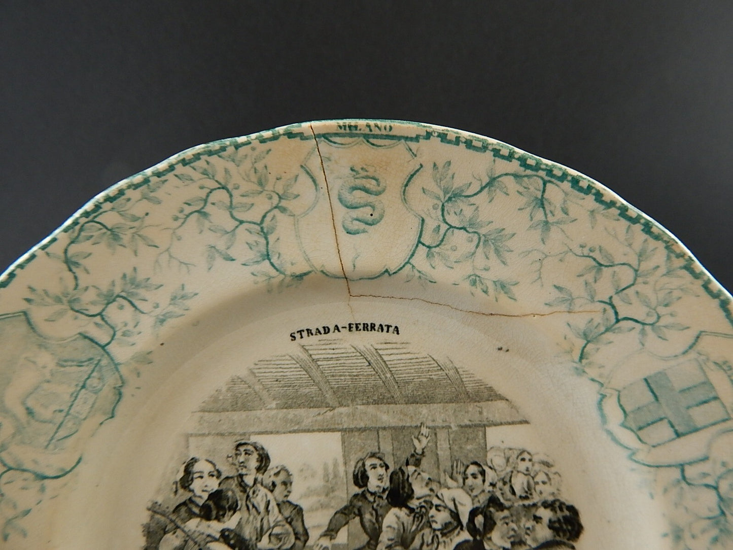 ANTICO PIATTO STRADA FERRATA CERAMICA JULIUS RICHARD MILANO SECONDA META' 1800