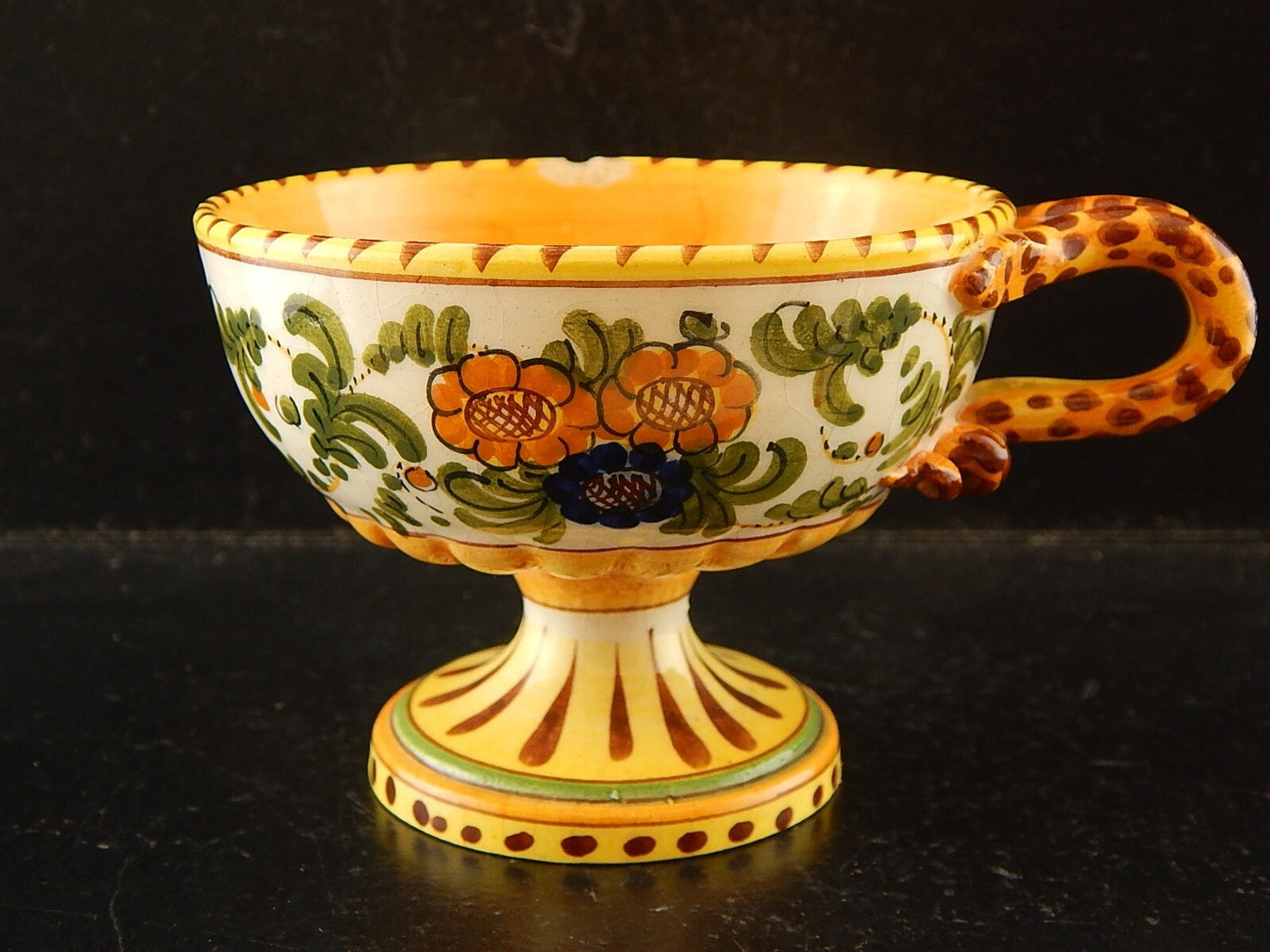 ANTICA TAZZA MAIOLICA CERAMICA POLICROMA FANTECHI ANSA A SERPE PRIMO 900 DIFETTI