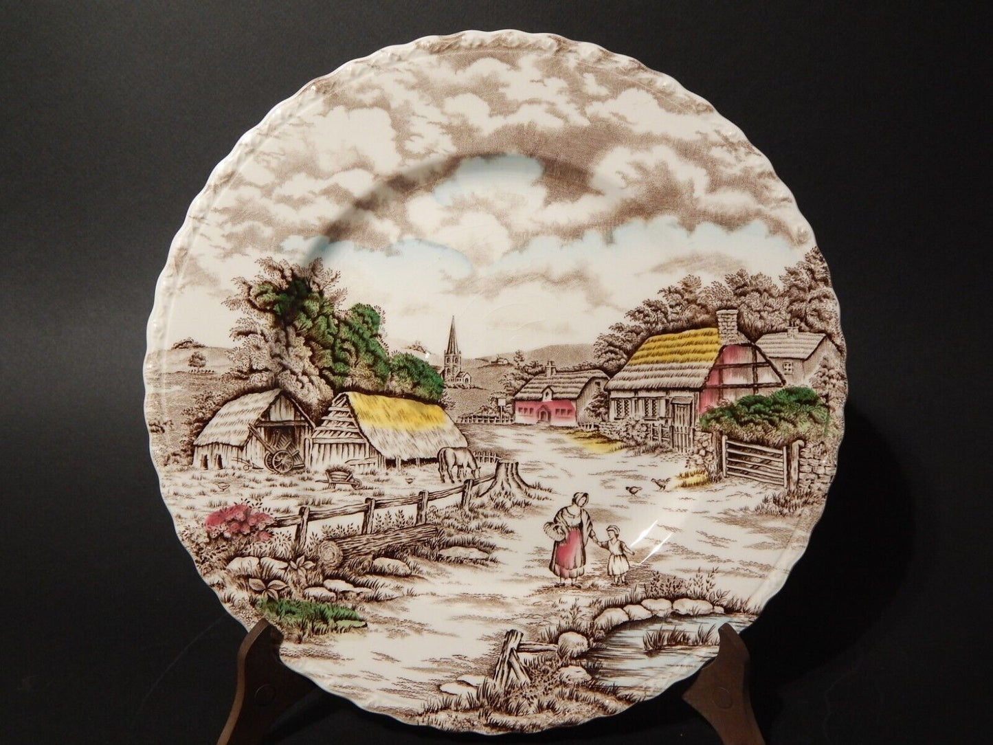 ANTICO PIATTO CERAMICA INGLESE MYOTT DISEGNO RURAL SCENE STAMPA A MANO