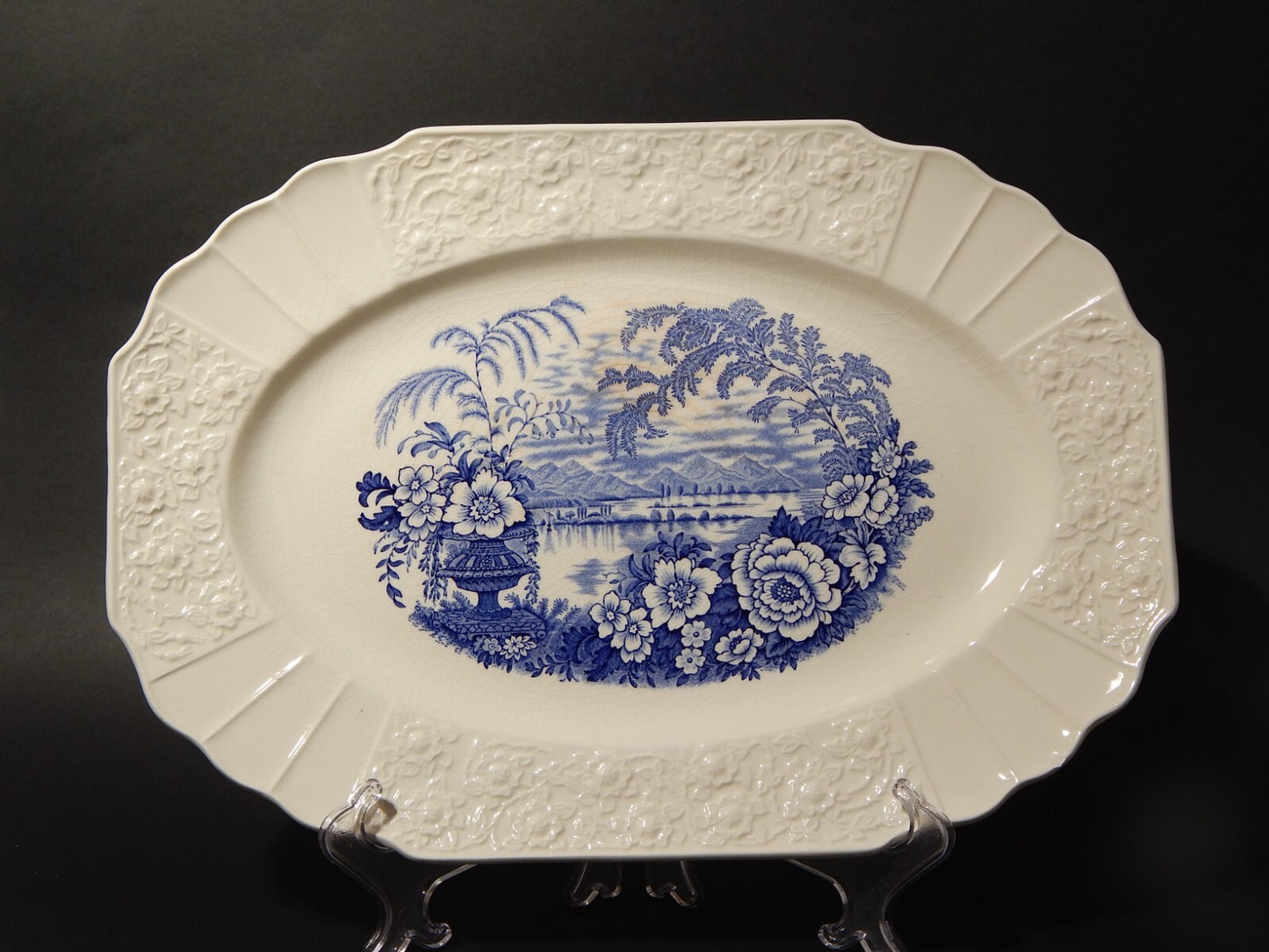 ANTICO GRANDE VASSOIO CERAMICA MYOTT SON STAFFORDSHIRE ENGLAND BANFF BIANCO BLU