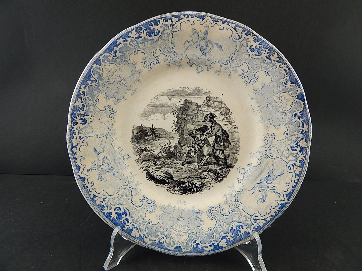 ANTICO PIATTO UMORISTICO CERAMICA FRANCESE SECONDA META' 800 IL CACCIATORE #9812