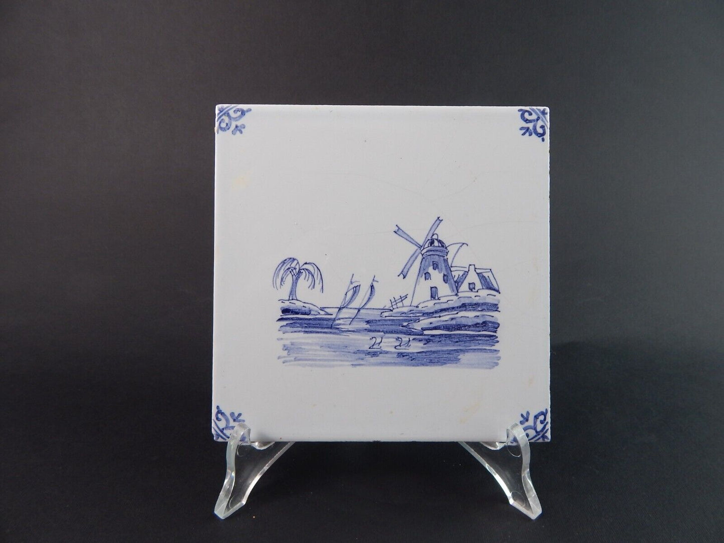 VINTAGE AUTENTICA PIASTRELLA MATTONELLA PORCELLANA DI DELFT BIANCO BLU PAESAGGIO