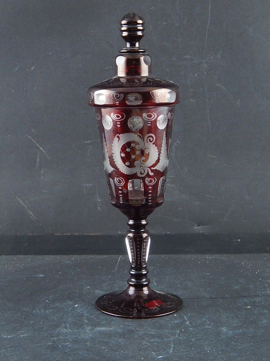 ANTICA PREZIOSA URNA VASO CRISTALLO DI BOEMIA RUBINO INCISO BIEDERMEIER