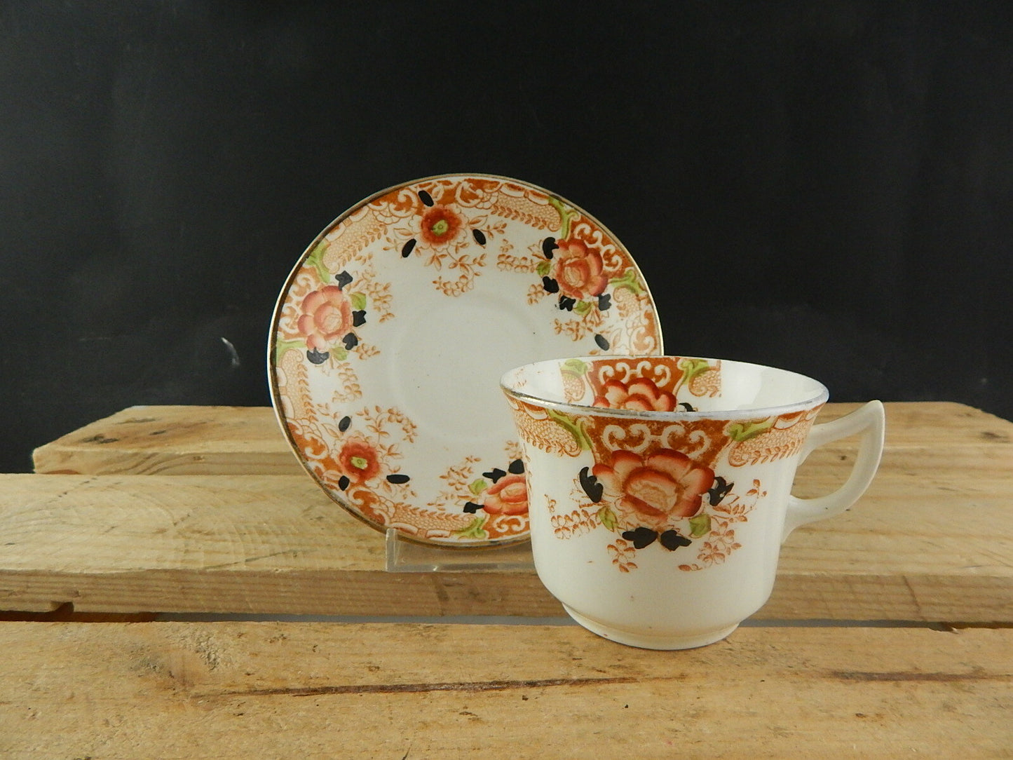 ANTICO PREZIOSO TRIO TAZZA TÈ 2 PIATTI PORCELLANA INGLESE EPOCA VITTORIANA #5917