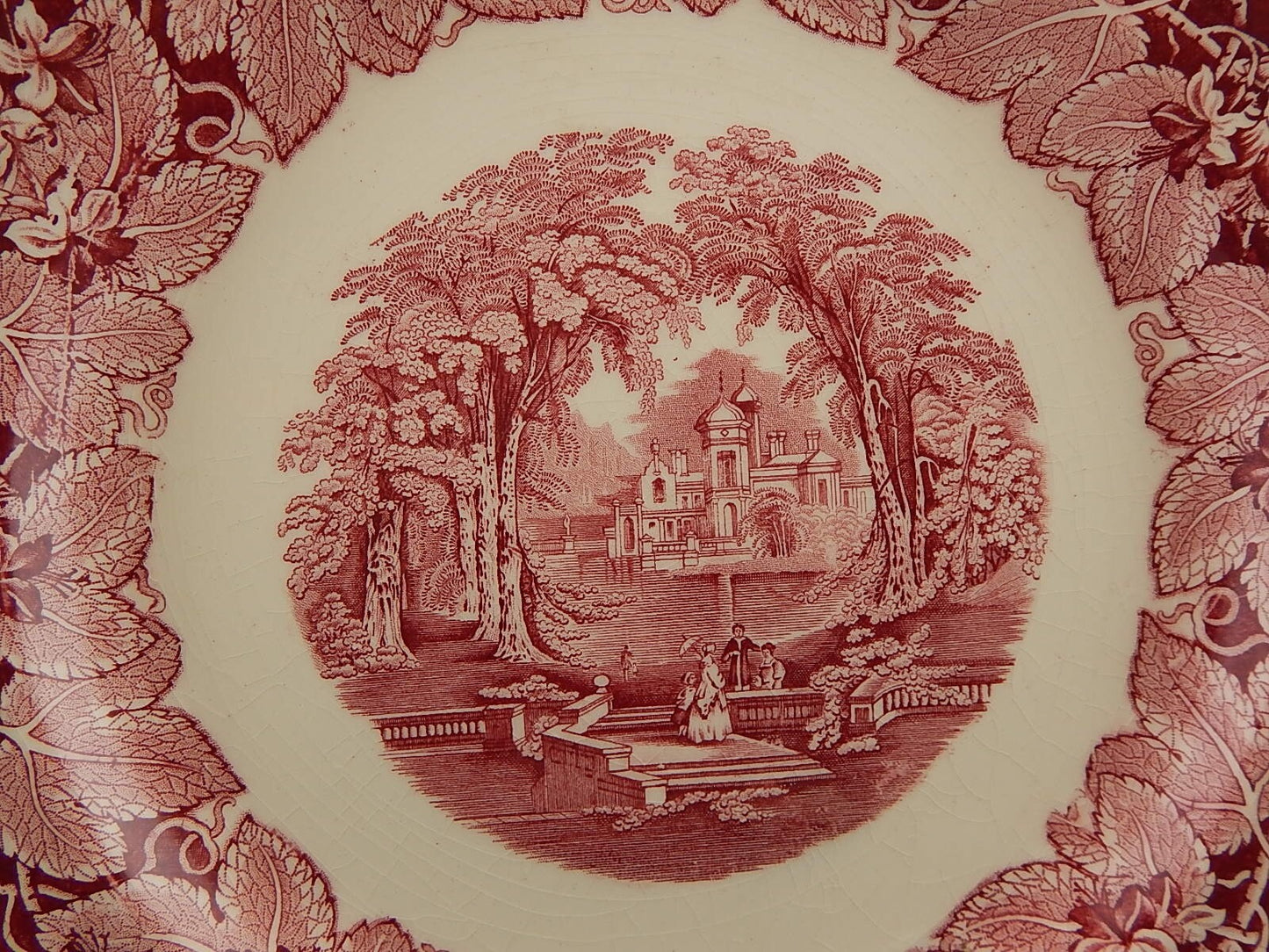 ANTICO PIATTO VASSOIO ROTONDO CERAMICA INGLESE MASON’S DECORO VISTA BIANCO ROSSO