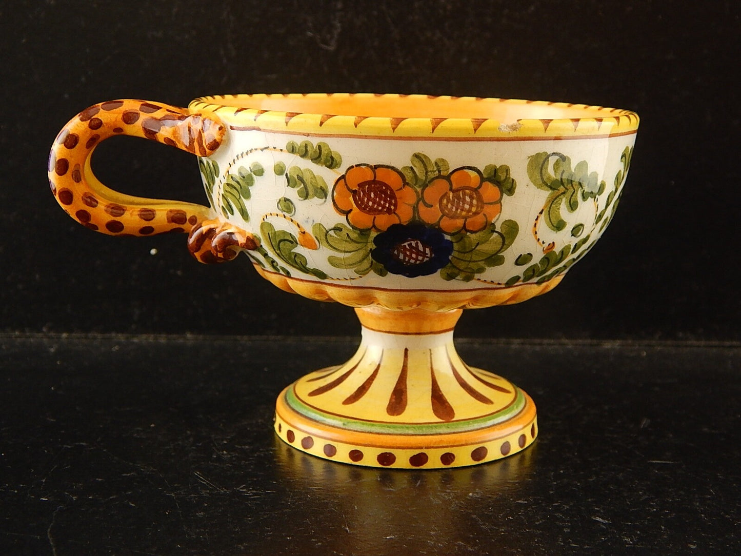 ANTICA TAZZA MAIOLICA CERAMICA POLICROMA FANTECHI ANSA A SERPE PRIMO 900 DIFETTI