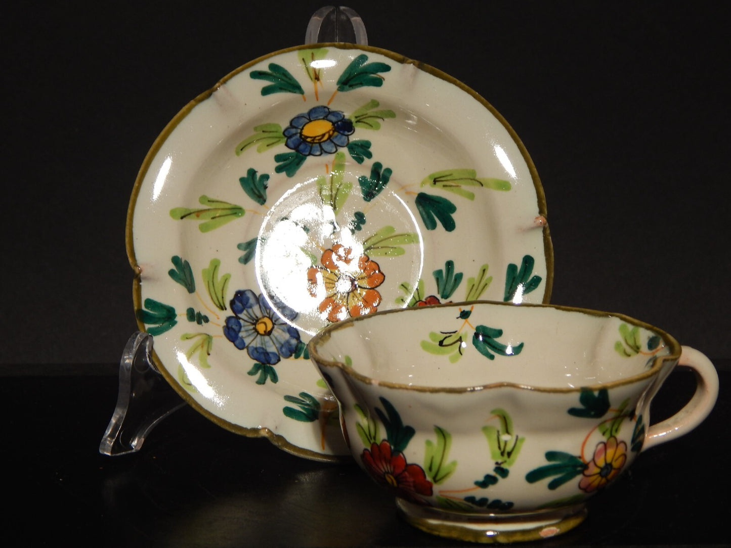 ANTICA RARA TAZZA E PIATTINO IN MAIOLICA CERAMICA CANTAGALLI FIRENZE ITALY #1346