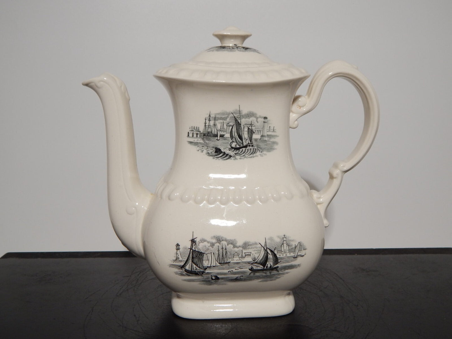 ANTICA RARA CAFFETTIERA INGLESE SEMI PORCELLANA COPELAND SPODE PAESAGGIO MARINO