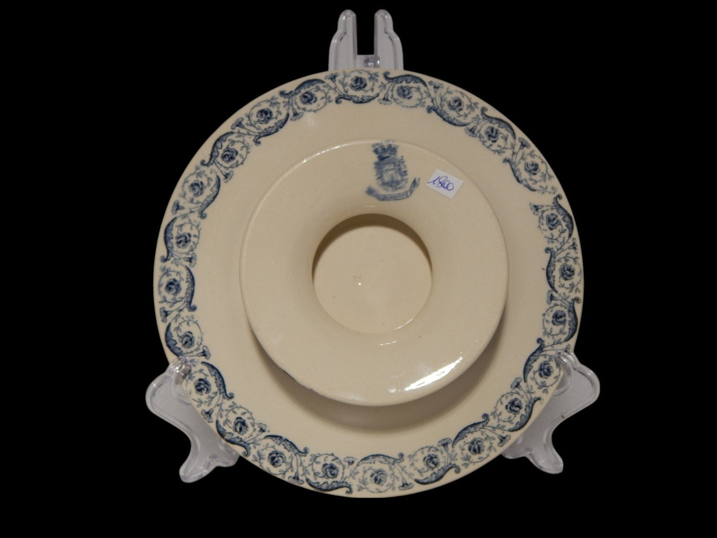 ANTICA FINE 1800 ALZATA FRUTTIERA CENTROTAVOLA CERAMICA GIEN DECORO BLU BIARRITZ