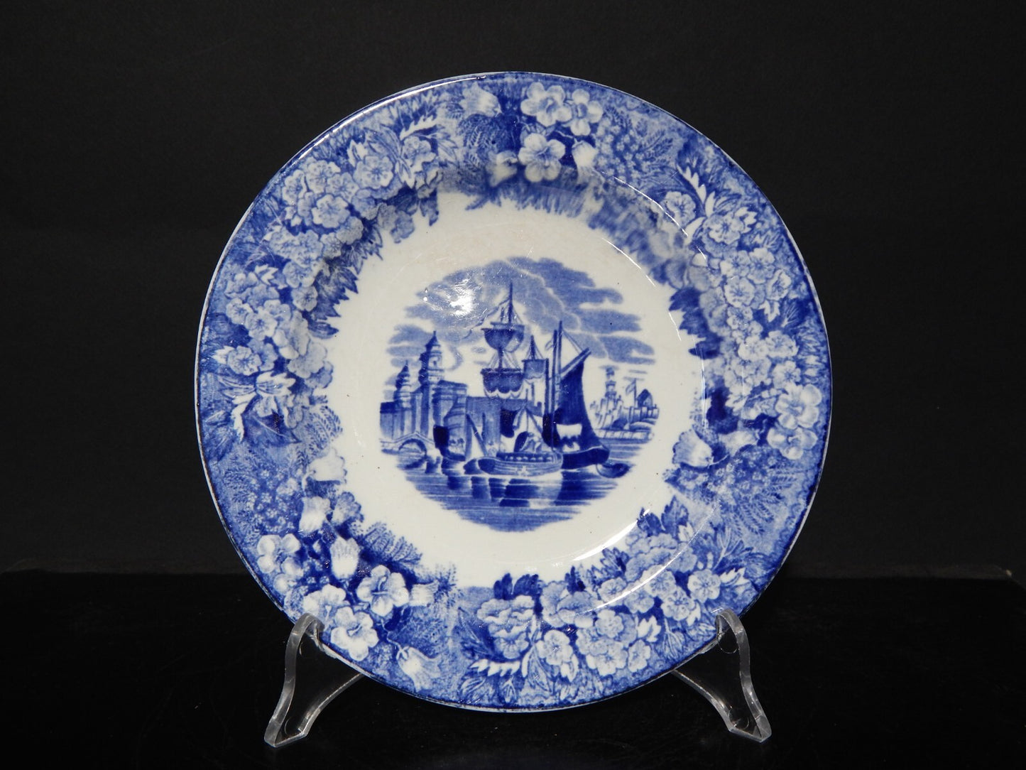 ANTICO AUTENTICO PIATTO PORCELLANA WEDGWOOD FERRARA META' 800 BIANCO BLU CM 18