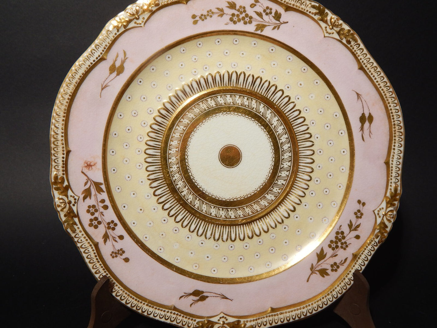 ANTICO REGENCY RARO PREZIOSO PIATTO PORCELLANA INGLESE DECORO ROSA E ORO #