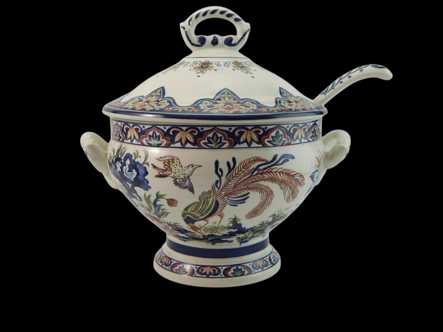 VINTAGE ZUPPIERA E MESTOLO CENTROTAVOLA CERAMICA VIEUX RHODES BOCH FATTA A MANO