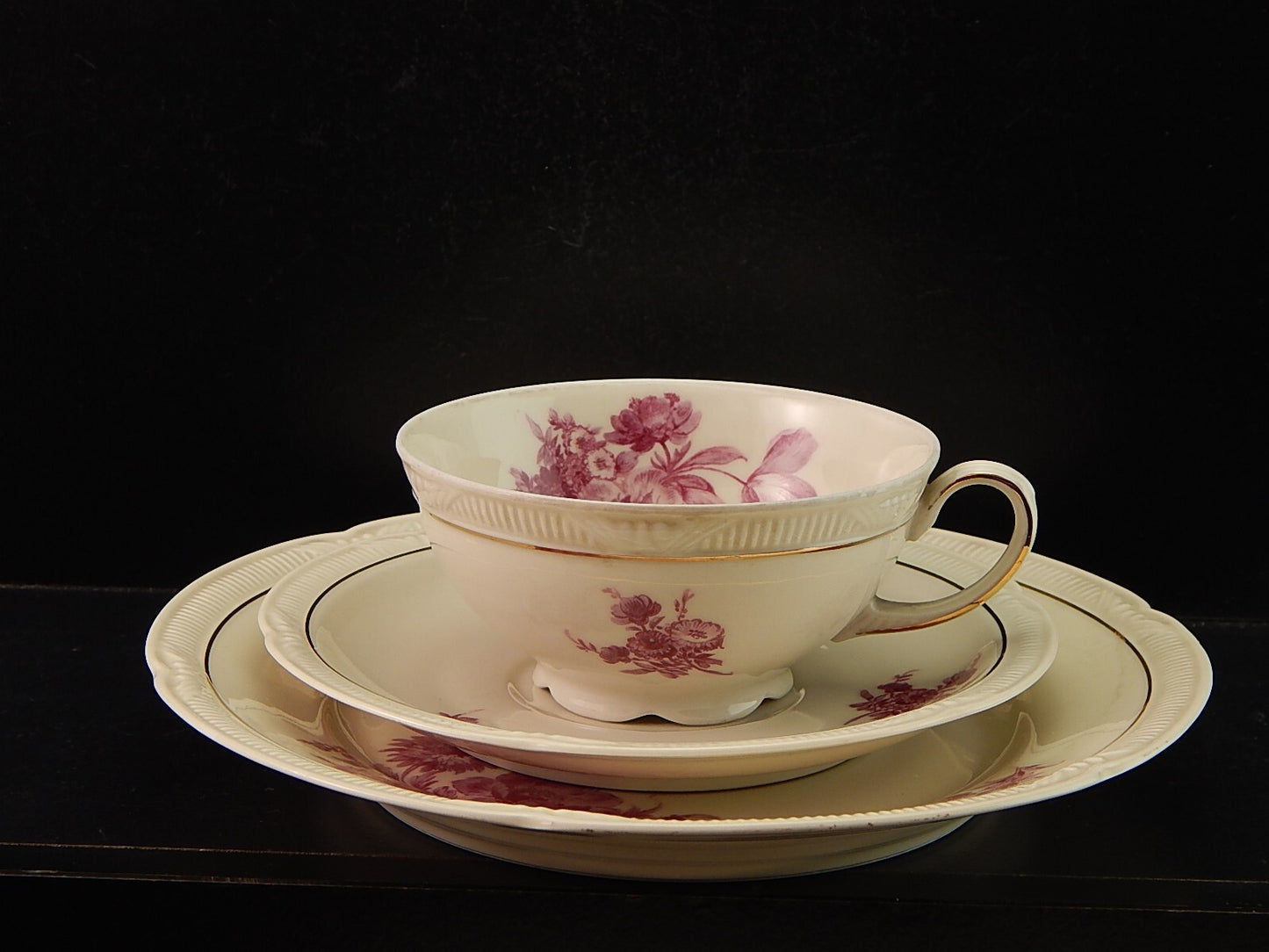 PREZIOSO ANTICO TRIO TE' PORCELLANA ZEH SCHERZER BAVARIA DECORO ROSA FUCSIA