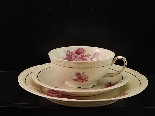 PREZIOSO ANTICO TRIO TE' PORCELLANA ZEH SCHERZER BAVARIA DECORO ROSA FUCSIA