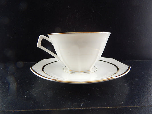 ANTICA TAZZA CAFFÈ CON PIATTINO ART DECO LIMOGES PORCELLANA BIANCA E ORO