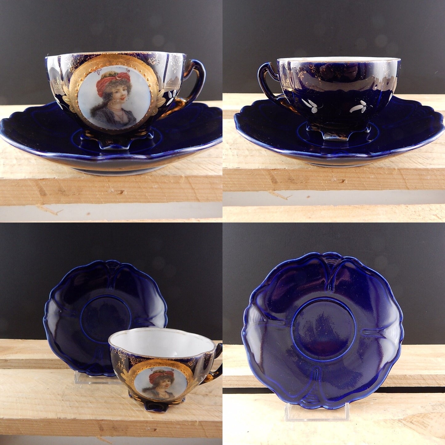 ANTICA PREZIOSA TAZZA PIATTO PORCELLANA ART NOUVEAU BLU COBALTO COLLEZIONE 1900