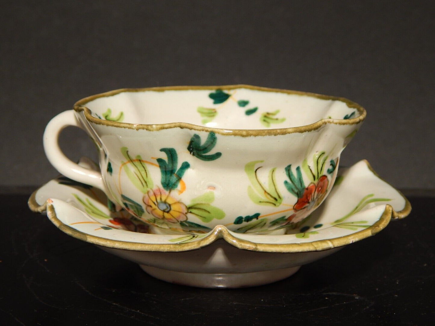 ANTICA RARA TAZZA E PIATTINO IN MAIOLICA CERAMICA CANTAGALLI FIRENZE ITALY #1347