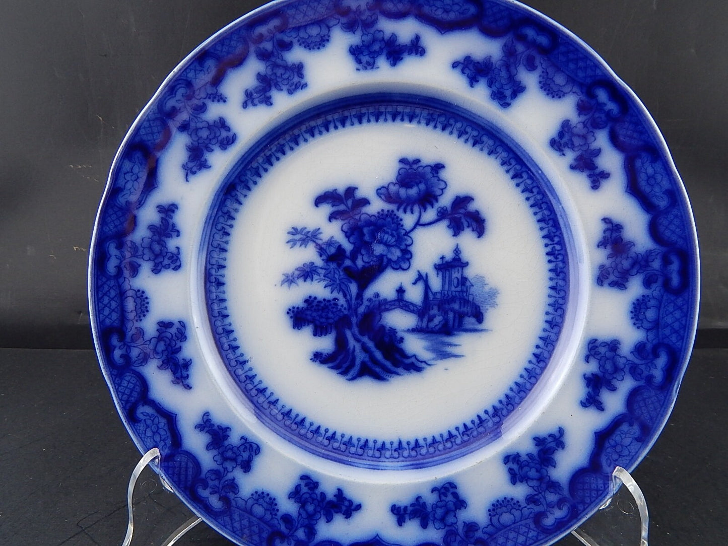 ANTICO RARISSIMO PIATTO PORCELLANA WEDGWOOD PEARL CHUSAN META' 800 BIANCO E BLU