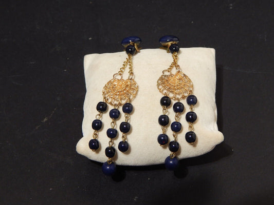 VINTAGE ORECCHINI PENDENTI DORATI CON PERLE BLU GIOIELLI BIJOUX ACCESSORI