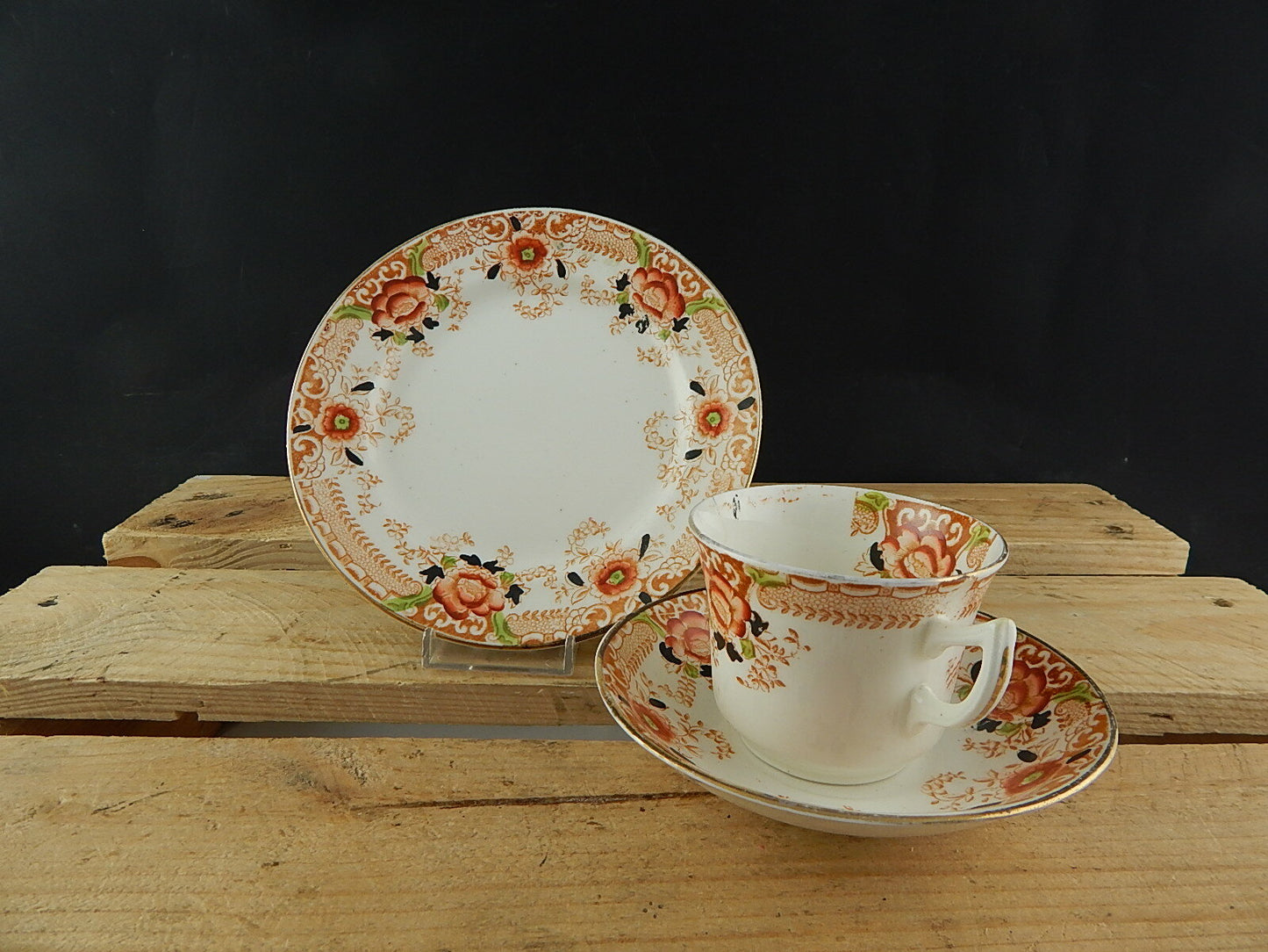 ANTICO PREZIOSO TRIO TAZZA TÈ 2 PIATTI PORCELLANA INGLESE EPOCA VITTORIANA #5917