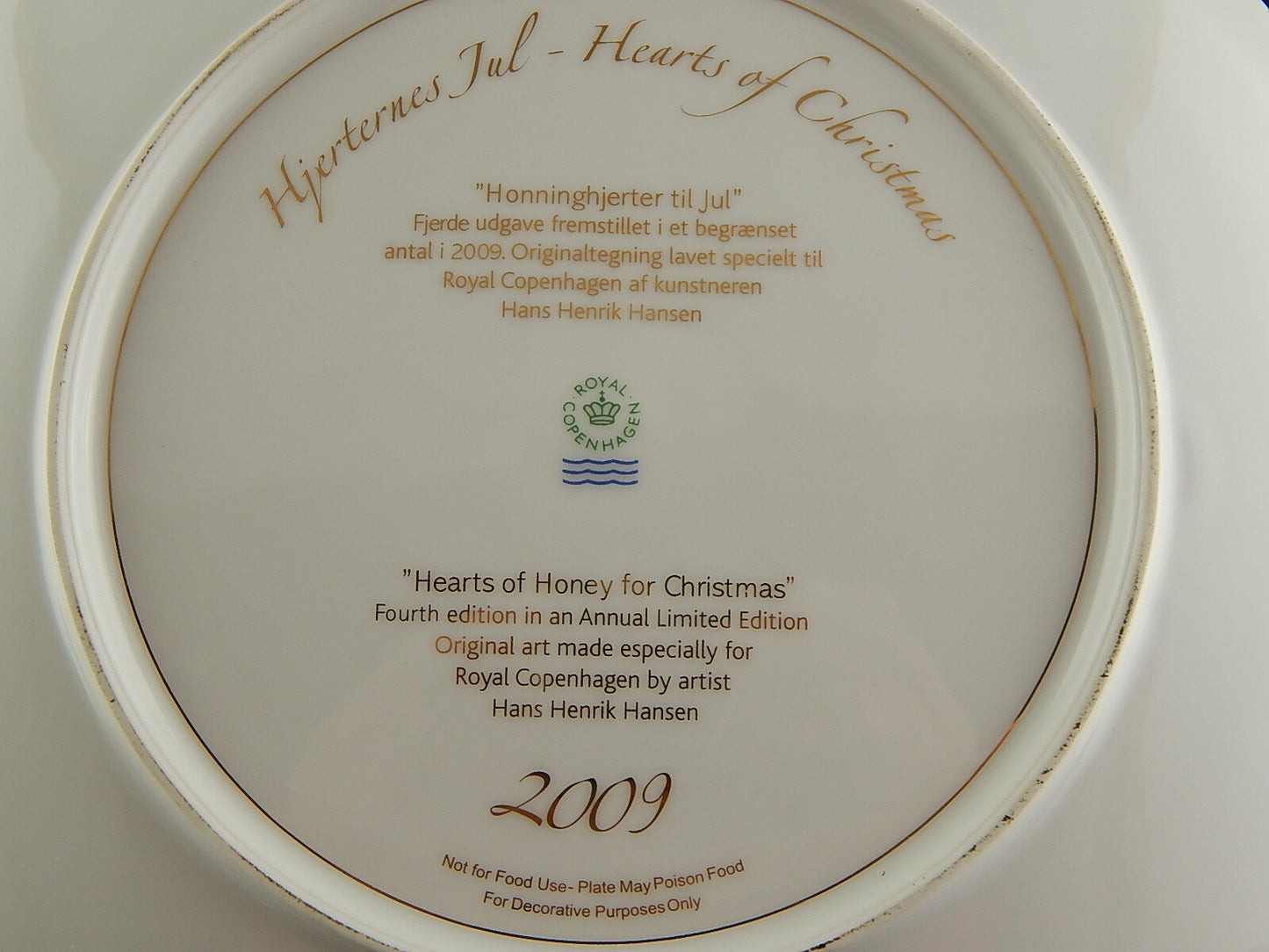 ROYAL COPENHAGEN PORCELLANA PIATTO CUORI NATALE 2009 COLLEZIONE HEARTS OF XMAS